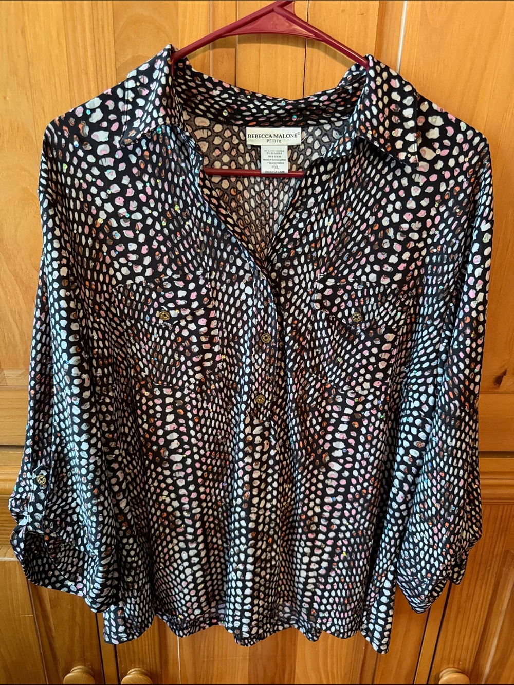 Rebecca Malone Petite Black Button-Down Shirt with Shimmery Pattern